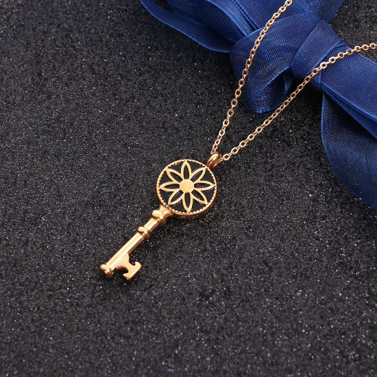 Imagen de 304 Acero Inoxidable Collares Chapado en Oro Negro Llave Flor Esmalte 46.5cm longitud, 1 Unidad