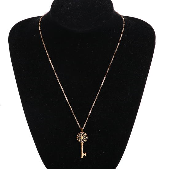Imagen de 304 Acero Inoxidable Collares Chapado en Oro Negro Llave Flor Esmalte 46.5cm longitud, 1 Unidad