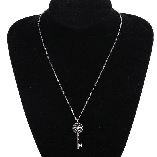 Image de Colliers en 304 Acier Inoxydable Clé Fleurs Argent Mat Noir Email 46cm long, 1 Pièce