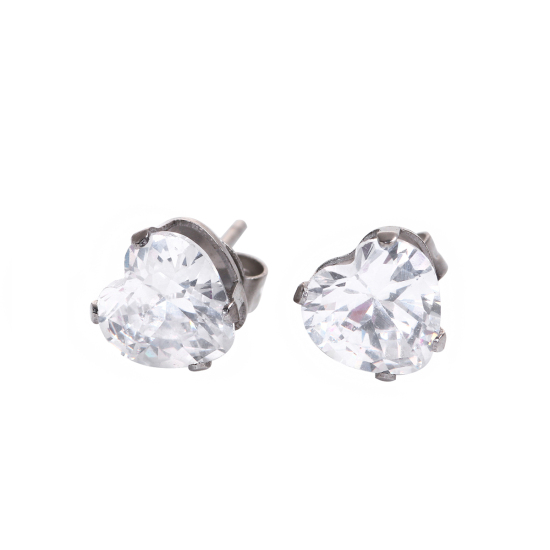 Picture of 304 Stainless Steel Ear Post Stud Earrings Silver Tone Heart Clear Cubic Zirconia Rhinestone 6mm( 2/8") x 6mm( 2/8"), Post/ Wire Size: (20 gauge), 1 Pair