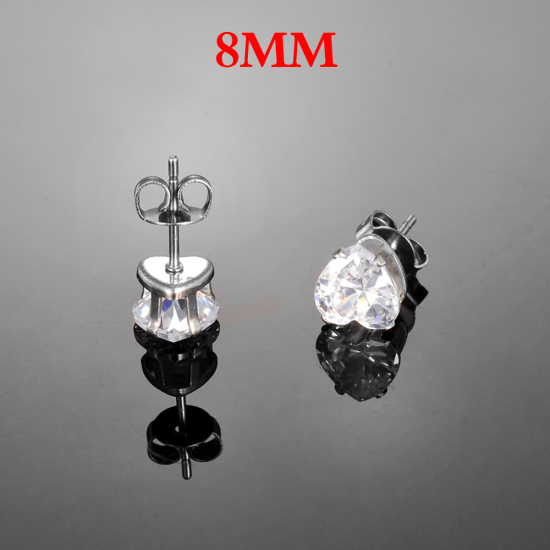 Picture of 304 Stainless Steel Ear Post Stud Earrings Silver Tone Heart Clear Cubic Zirconia Rhinestone 8mm( 3/8") x 8mm( 3/8"), Post/ Wire Size: (20 gauge), 1 Pair