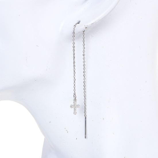 Imagen de 304 Acero Inoxidable Cadena Pendiente Tono de Plata Cruz Polvo Estelar 12.7cmlongitud, Post/ Wire: (21 gauge) 1 Par