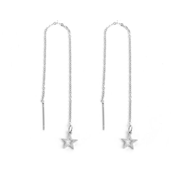 Imagen de 304 Acero Inoxidable Cadena Pendiente Tono de Plata Estrellas de cinco puntos Polvo Estelar 12.5cmlongitud, Post/ Wire: (21 gauge) 1 Par