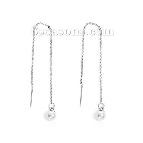 Immagine di 304 Acciaio Inossidabile Elegante Catenella a orecchino Tono Argento Bianco Palla Imitata Perla 10cm, Posta / Filo Dimensione: (21 misura), 1 Paio
