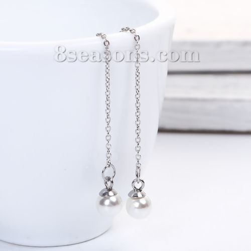 Immagine di 304 Acciaio Inossidabile Elegante Catenella a orecchino Tono Argento Bianco Palla Imitata Perla 10cm, Posta / Filo Dimensione: (21 misura), 1 Paio