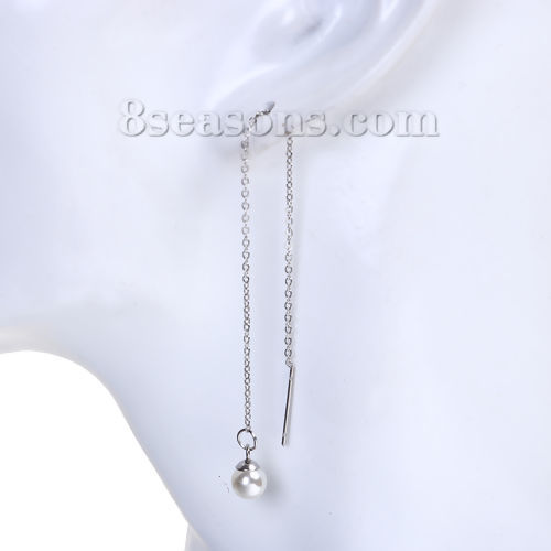 Immagine di 304 Acciaio Inossidabile Elegante Catenella a orecchino Tono Argento Bianco Palla Imitata Perla 10cm, Posta / Filo Dimensione: (21 misura), 1 Paio