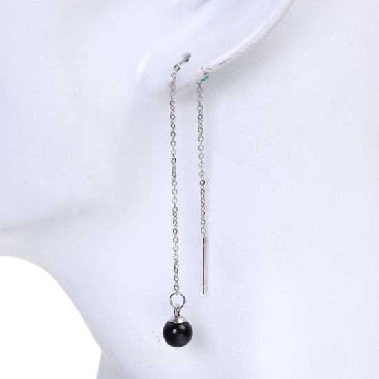 Immagine di 304 Acciaio Inossidabile Elegante Catenella a orecchino Tono Argento Bianco Palla Imitata Perla 10cm, Posta / Filo Dimensione: (21 misura), 1 Paio