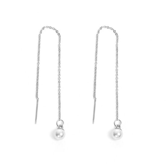 Immagine di 304 Acciaio Inossidabile Elegante Catenella a orecchino Tono Argento Bianco Palla Imitata Perla 10cm, Posta / Filo Dimensione: (21 misura), 1 Paio
