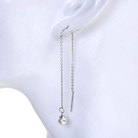 Immagine di 304 Acciaio Inossidabile Elegante Catenella a orecchino Tono Argento Bianco Palla Imitata Perla 10cm, Posta / Filo Dimensione: (21 misura), 1 Paio