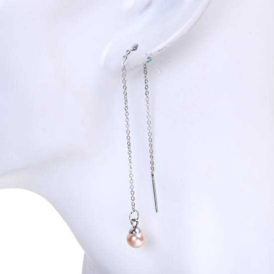 Immagine di 304 Acciaio Inossidabile Catenella a orecchino Tono Argento Palla 12.5cm lungo Filo Dimensione: (21 misura) 1 Paio