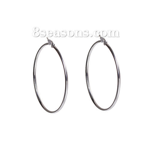 Picture of 304 Stainless Steel Hoop Earrings Silver Tone 74mm(2 7/8") x 72mm(2 7/8"), Post/ Wire Size: (21 gauge), 1 Pair