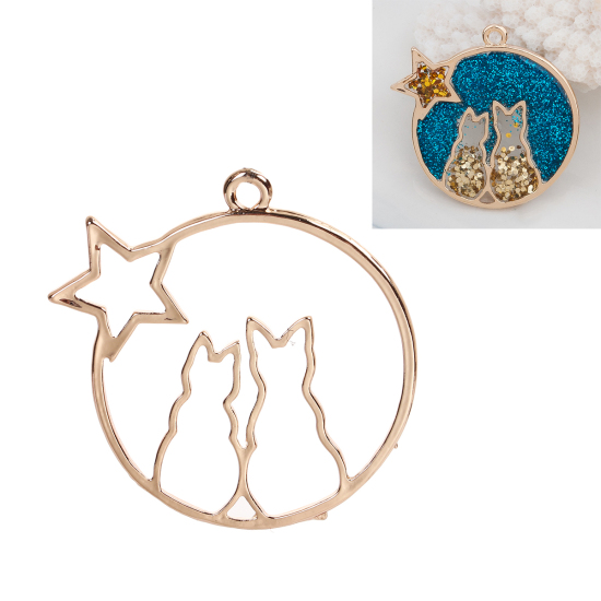Picture of Zinc Based Alloy Open Back Bezel Pendants For Resin Pentagram Star Gold Plated Cat Carved 42mm(1 5/8") x 42mm(1 5/8"), 1 Piece