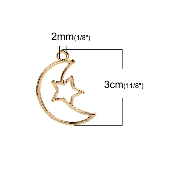 Picture of Zinc Based Alloy Open Back Bezel Pendants For Resin Half Moon Gold Plated Star Carved 30mm(1 1/8") x 19mm( 6/8"), 1 Piece