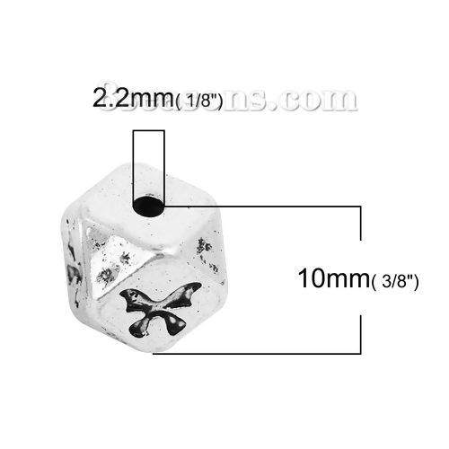 Picture of Zinc Based Alloy Spacer Beads Square Antique Silver Color Butterfly Faceted About 10mm x 10mm, Hole: Approx 2.2mm, 5 PCs