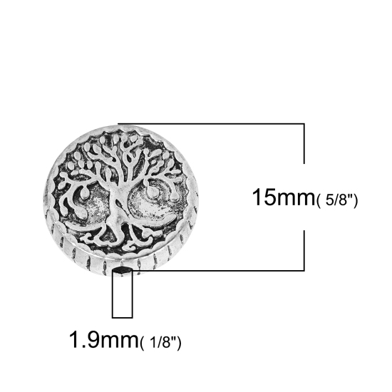 Immagine di Lega di Zinco Separatori Perline Tondo Argento Antico Albero Scolpisce Circa 15mm Dia, Foro:Circa 1.9mm, 5 Pz