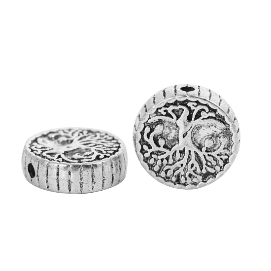 Immagine di Lega di Zinco Separatori Perline Tondo Argento Antico Albero Scolpisce Circa 15mm Dia, Foro:Circa 1.9mm, 5 Pz