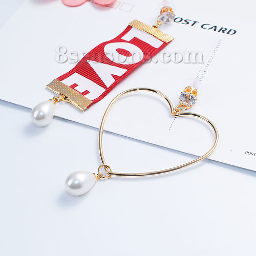 Picture of Fabric Asymmetric Earrings Gold Plated Red Ribbon Heart Clear Rhinestone Acrylic Imitation Pearl 10.5cm x2.5cm(4 1/8" x1") 8.5cm x5.5cm(3 3/8" x2 1/8"), Post/ Wire Size: (21 gauge), 1 Pair