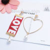 Picture of Fabric Asymmetric Earrings Gold Plated Red Ribbon Heart Clear Rhinestone Acrylic Imitation Pearl 10.5cm x2.5cm(4 1/8" x1") 8.5cm x5.5cm(3 3/8" x2 1/8"), Post/ Wire Size: (21 gauge), 1 Pair