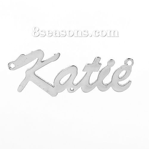Immagine di 304 Acciaio Inossidabile Nome Connettore Accessori Tono Argento Lettere Disegno Katie 31mm x 13mm, 1 Pz