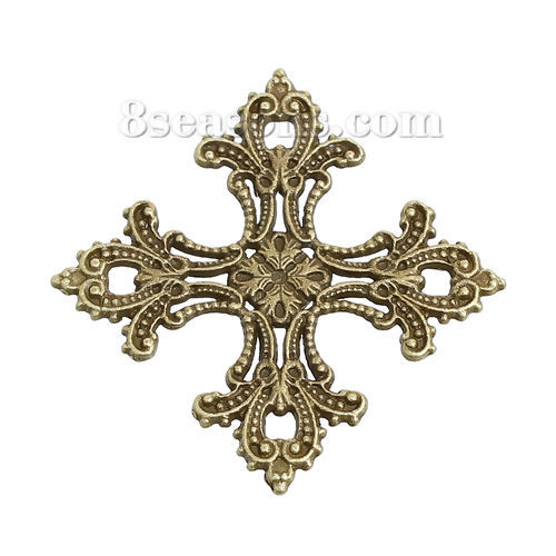 Image de Pendentifs en Alliage de Zinc Croix Fleurs Creuses Bronze Antique 56mm x 56mm, 10 Pcs