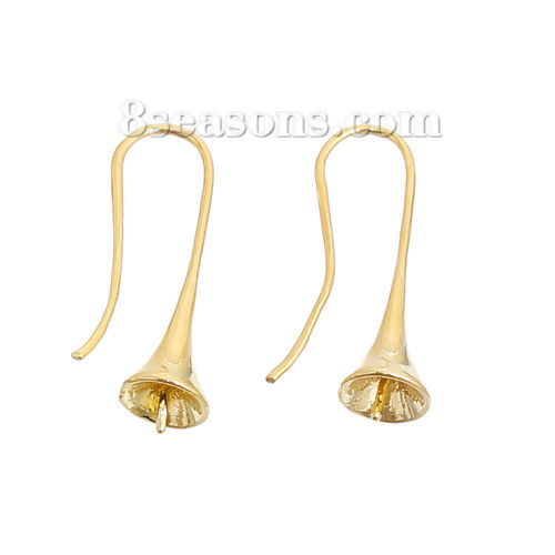 Picture of Brass Ear Wire Hooks Earring Findings Morning Glory Flower Gold Plated (Fits 8mm Beads) 27mm(1 1/8") x 8mm( 3/8"), Post/ Wire Size: (19 gauge), 5 PCs                                                                                                         