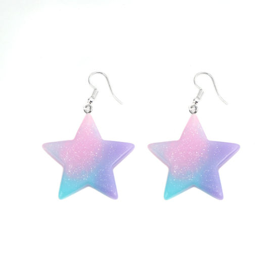 Picture of Resin Earrings Multicolor Pentagram Star Glitter 52mm(2") x 38mm(1 4/8"), Post/ Wire Size: (21 gauge), 1 Pair