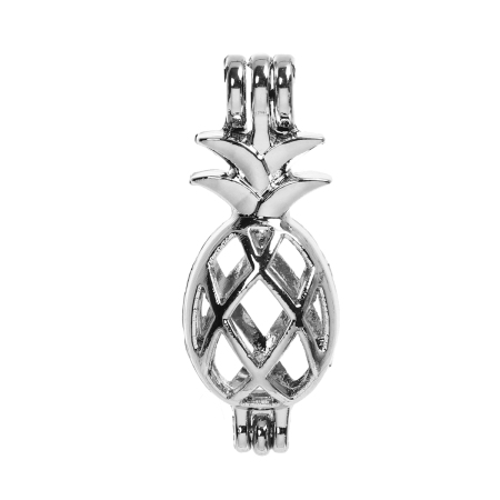 Picture of Brass 3D Wish Pearl Locket Jewelry Pendants Pineapple/ Ananas Fruit Silver Tone Can Open (Fit Bead Size: 8mm) 28mm(1 1/8") x 11mm( 3/8"), 1 Piece