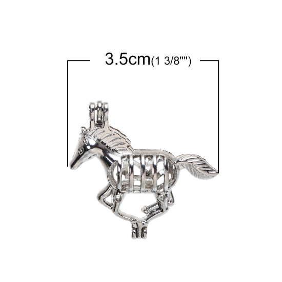 Picture of Brass 3D Wish Pearl Locket Jewelry Pendants Horse Animal Silver Tone Can Open (Fit Bead Size: 8mm) 35mm(1 3/8") x 32mm(1 2/8"), 1 Piece