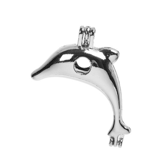 Bild von Kupfer 3D Wunsch Perlenkäfig Schmuck Anhänger Delfine Silberfarbe Zum Öffnen (für 8mm Perlen） 34mm x 29mm, 1 Stück