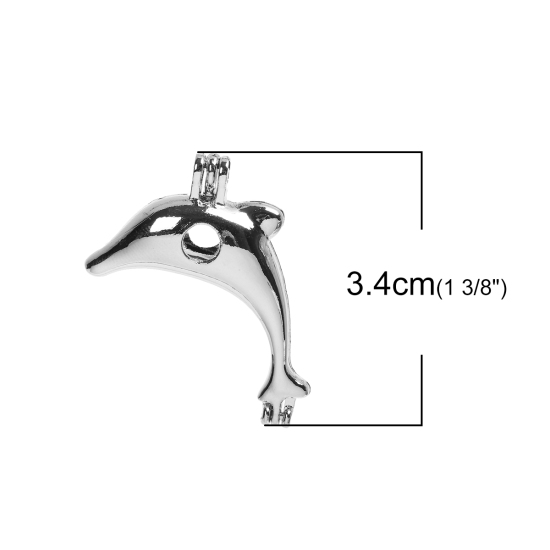 Bild von Kupfer 3D Wunsch Perlenkäfig Schmuck Anhänger Delfine Silberfarbe Zum Öffnen (für 8mm Perlen） 34mm x 29mm, 1 Stück