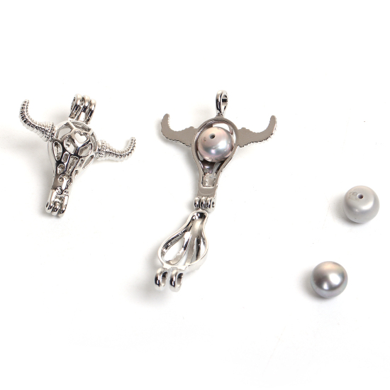 Bild von Kupfer 3D Wunsch Perlenkäfig Schmuck Anhänger Rind Silberfarbe Zum Öffnen (für 8mm Perlen） 26mm x 25mm, 1 Stück