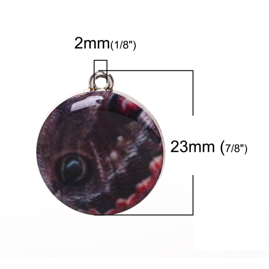 Bild von Zinklegierung Schmetterlingsflügel Charms Rund Silberfarbe Bunt 23mm x 20mm, 10 Stück