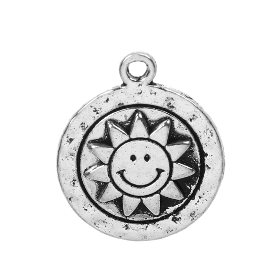Imagen de Zamak Colgantes Charms Ronda Plata Antigua Sol Cara 18mm x 15mm, 30 Unidades