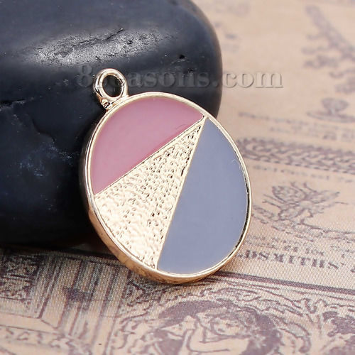 Picture of Zinc Based Alloy Contrast Color Charms Round Gold Plated Pink & Steel Gray Enamel 21mm( 7/8") x 18mm( 6/8"), 5 PCs