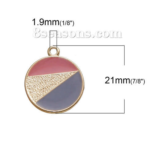 Immagine di Lega di Zinco Colore Contrasto Charms Tondo Oro Placcato Rosa & Blu Grigio Smalto 21mm x 18mm , 5 Pz