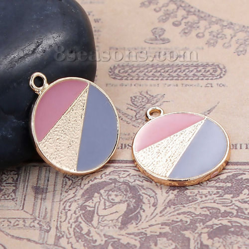 Immagine di Lega di Zinco Colore Contrasto Charms Tondo Oro Placcato Rosa & Blu Grigio Smalto 21mm x 18mm , 5 Pz