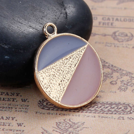 Immagine di Lega di Zinco Colore Contrasto Charms Tondo Oro Placcato Rosa & Blu Grigio Smalto 21mm x 18mm , 5 Pz