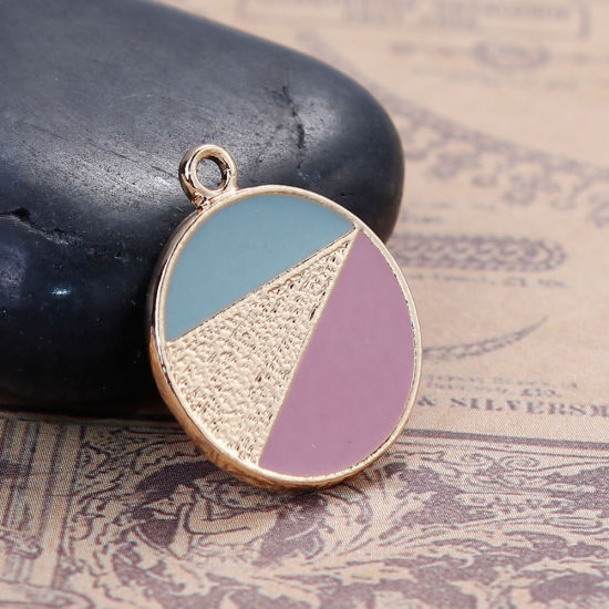 Immagine di Lega di Zinco Colore Contrasto Charms Tondo Oro Placcato Rosa & Blu Grigio Smalto 21mm x 18mm , 5 Pz