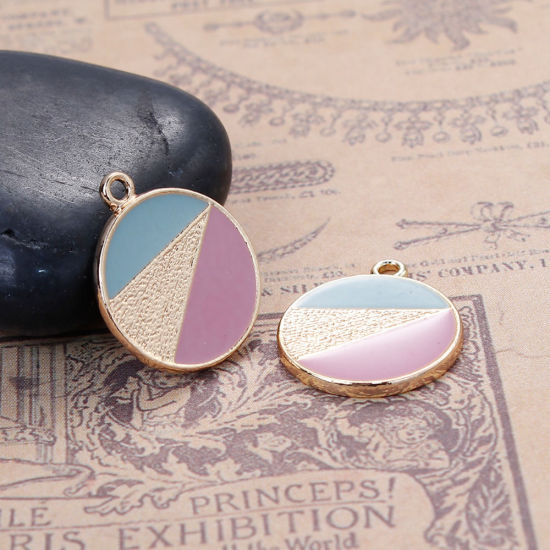 Immagine di Lega di Zinco Colore Contrasto Charms Tondo Oro Placcato Rosa & Blu Grigio Smalto 21mm x 18mm , 5 Pz