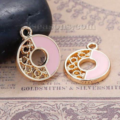Immagine di Lega di Zinco Colore Contrasto Charms Tondo Oro Placcato Rosa Smalto 16mm x 14mm , 10 Pz