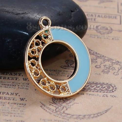 Immagine di Lega di Zinco Colore Contrasto Charms Tondo Oro Placcato Menta Verde Smalto 23mm x 20mm , 5 Pz