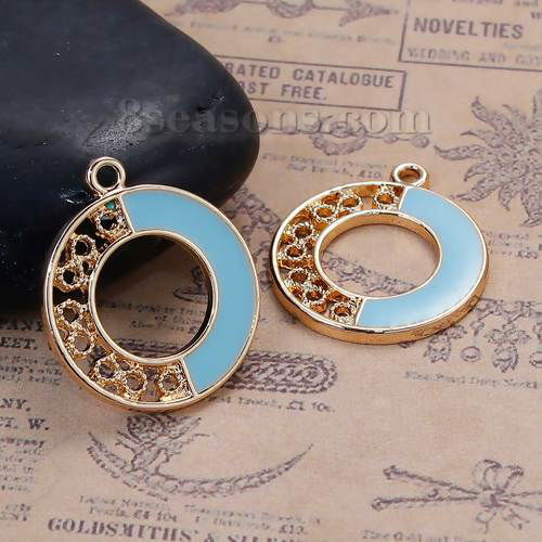 Immagine di Lega di Zinco Colore Contrasto Charms Tondo Oro Placcato Menta Verde Smalto 23mm x 20mm , 5 Pz