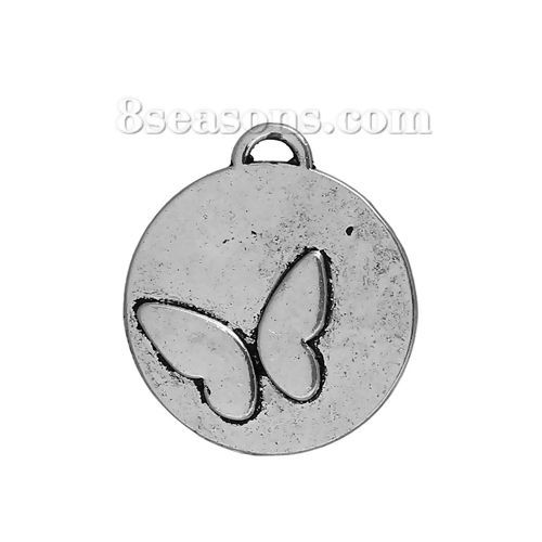 Picture of Zinc Based Alloy Charms Round Disc Antique Silver Color Butterfly 23mm( 7/8") x 20mm( 6/8"), 20 PCs