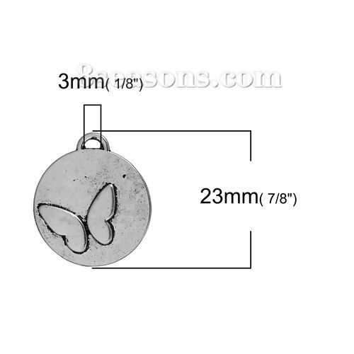 Picture of Zinc Based Alloy Charms Round Disc Antique Silver Color Butterfly 23mm( 7/8") x 20mm( 6/8"), 20 PCs