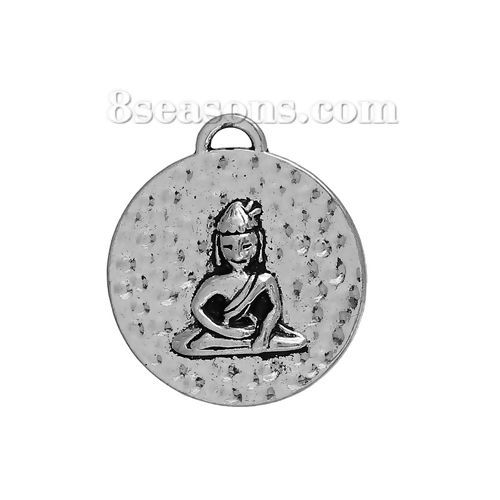 Picture of Zinc Based Alloy Charms Round Disc Antique Silver Color Buddha Statue 23mm( 7/8") x 20mm( 6/8"), 20 PCs