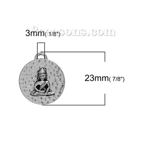 Picture of Zinc Based Alloy Charms Round Disc Antique Silver Color Buddha Statue 23mm( 7/8") x 20mm( 6/8"), 20 PCs