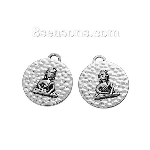 Picture of Zinc Based Alloy Charms Round Disc Antique Silver Color Buddha Statue 23mm( 7/8") x 20mm( 6/8"), 20 PCs