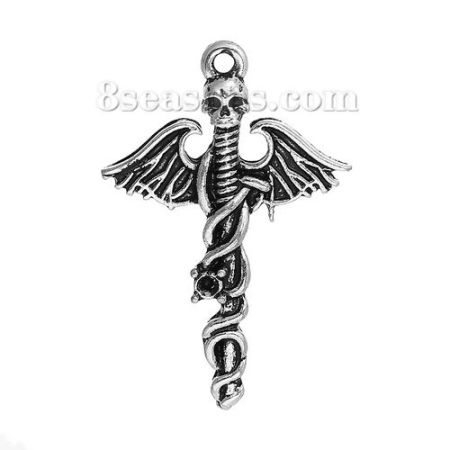 Zinklegierung Anhänger Halloween Schädel Antiksilber (für ss3 Spitzboden Strasssteine) Flügel 32mm x 21mm, 5 Stück