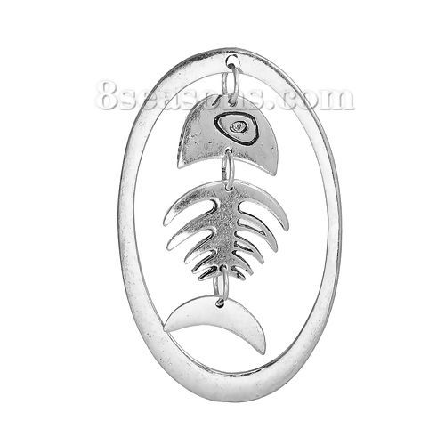 Bild von Zinklegierung Anhänger Gräte Antiksilber Oval 56mm x 35mm, 5 Stück