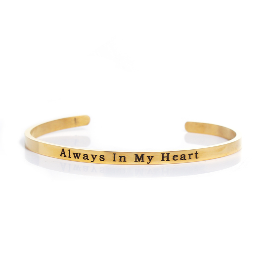Immagine di 304 Acciaio Inossidabile Positive Energie Aprire Braccialetti Oro Placcato Lettere " Always In My Heart " lunghezza: 17cm, 1 Pz